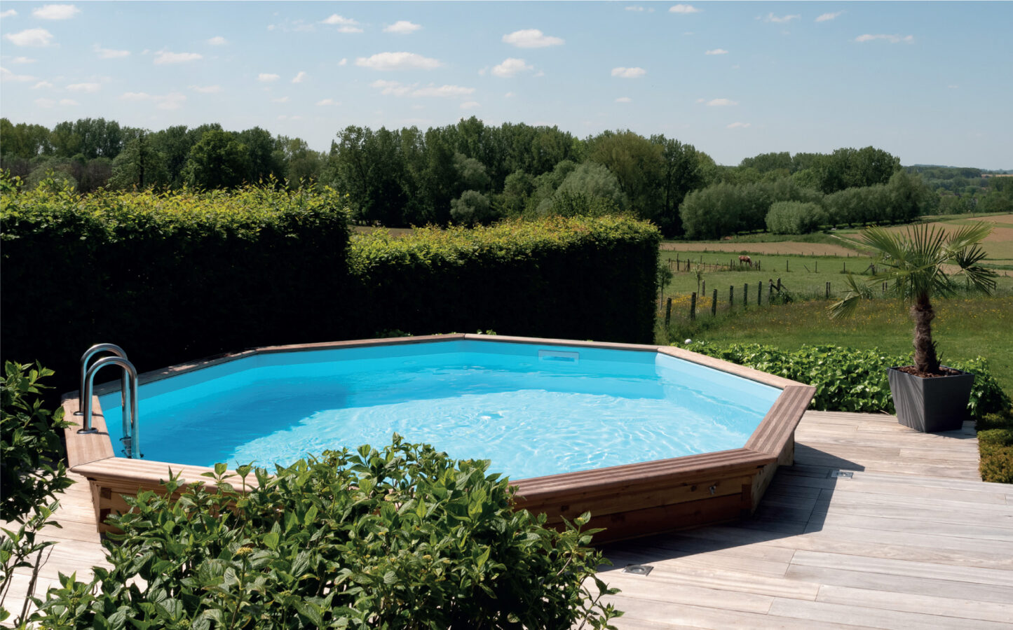 Houten zwembad met ladder en helder blauw water in een landelijke tuin, mooi onderhouden